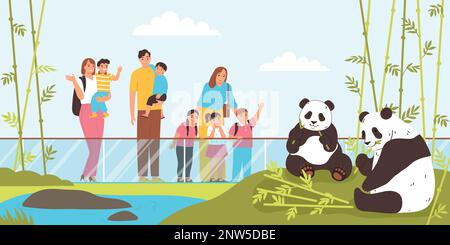 Glückliche Leute, die Pandas anschauen und Bambus im Zoo essen, Flachvektordarstellung Stock Vektor