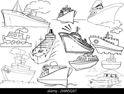 Schiffe und Boote Marine mit Silhouetten-Vektorsymbolen eines Kreuzfahrtschiffs Yacht Segelboot Container Tankschiff Frachter Anker Stock Vektor