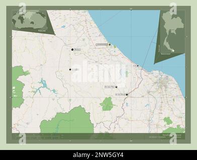 Narathiwat, Provinz Thailand. Straßenkarte Öffnen. Standorte und Namen der wichtigsten Städte der Region. Eckkarten für zusätzliche Standorte Stockfoto