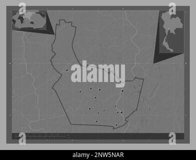 Nonthaburi, Provinz Thailand. Bilevel-Höhenkarte mit Seen und Flüssen. Standorte der wichtigsten Städte der Region. Eckkarten für zusätzliche Standorte Stockfoto