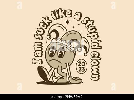 Maskottchen-Design eines Kugelkopfes mit traurigem Gesicht und Clownmütze Stock Vektor