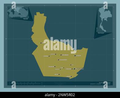 Nonthaburi, Provinz Thailand. Durchgehende Farbform. Standorte und Namen der wichtigsten Städte der Region. Eckkarten für zusätzliche Standorte Stockfoto