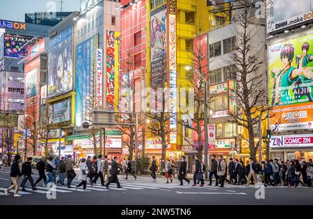 Straßenszene in Chuo Dori Straße, Akihabara, Tokyo, Japan Stockfoto