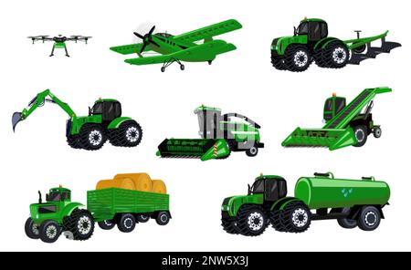 Landwirtschaftliche Maschinen transportieren einen flachen Satz isolierter Symbole mit grüner Vektordarstellung der Spezialmaschinen Stock Vektor