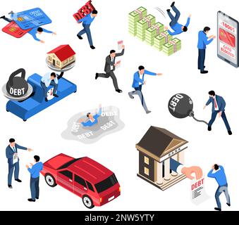 Isometrische Kreditwürdigkeit Konkurs finanzielle Probleme Ikone setzen einen Mann mit vielen Schulden, der es als Vektordarstellung herstellt Stock Vektor