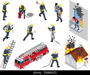 Isometrisches Feuerwehrsymbol stellt verschiedene Figuren der Feuerwehrwagen Vektordarstellung des brennenden Hauses ein Stock Vektor