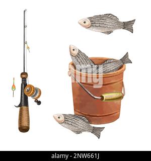 Darstellung eines Angelsets mit Fisch. Qualitativ hochwertige Darstellung Stockfoto