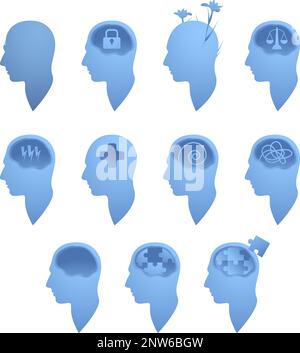 Eine Reihe psychischer Probleme und Veranschaulichung der psychischen Gesundheit. Sammlung des Konzepts Stress, Kopfschmerzen und Depression Stock Vektor