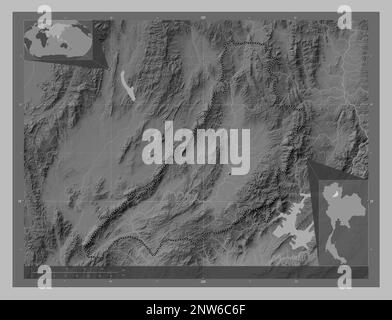 Phrae, Provinz Thailand. Grauskala-Höhenkarte mit Seen und Flüssen. Eckkarten für zusätzliche Standorte Stockfoto