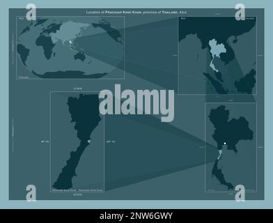 Prachuap Khiri Khan, Provinz Thailand. Diagramm, das die Position der Region auf Karten mit größerem Maßstab zeigt. Zusammensetzung von Vektorrahmen und PNG-Form Stockfoto