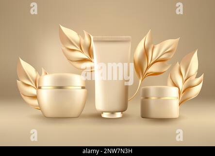 3D-Kosmetikhintergrund, goldcremefarbenes Vektorpaketmodell mit realistischen Blättern. Elegante, glänzende Kosmetikszene Stock Vektor