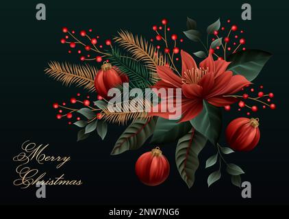 3D Uhr Xmas Poinsettia Blume, blumiger, realistischer Vektorhintergrund, Weihnachtsfeier dekorativer Naturrendering Stock Vektor