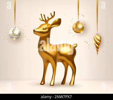 3D goldene Hirsche als Weihnachtsdekoration, realistische festliche Vektordekoration. Isoliertes Rentier mit Weihnachtsbällen Stock Vektor