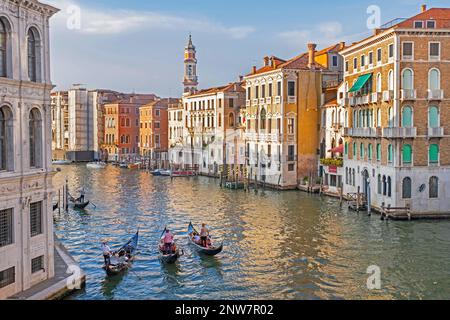 Canal Grande/Canal Grande mit Gondolieren in traditionellen Gondeln, die Touristen auf Besichtigungstouren in Venedig, Venetien, Norditalien mitnehmen Stockfoto