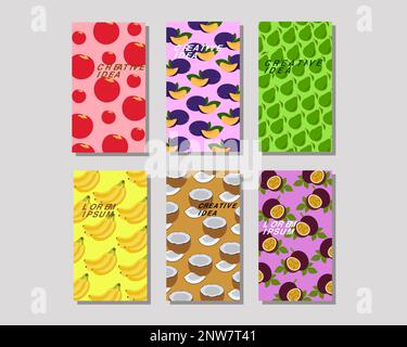 Nahtloses Muster-Set mit Früchten und Blüten. Sommer festliche Hintergrundkollektion für Textil, Stoff, Geschenkpapier zum Geburtstag. Vektordarstellung Stock Vektor