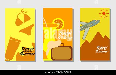 Posterset Sommer, Urlaub, Urlaub. Flaches Design. Kann als Gruß- und Einladungskarte verwendet werden. Hintergrund, Hintergrund. Layoutvorlage. vektor illustr Stock Vektor
