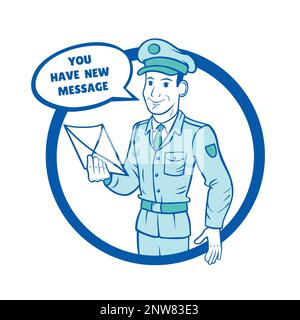 Der Postbote hält einen Brief und sagt, Sie hätten eine neue Nachricht. Vektoraufkleber auf weißem Hintergrund. Stock Vektor