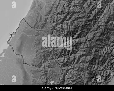Taichung, Sondergemeinde Taiwan. Grauskala-Höhenkarte mit Seen und Flüssen Stockfoto