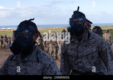 USA Marinekorps Rekruten bei Delta Company, 1. Rekruten-Ausbildungs-Bataillon, betreten die Konfidenzkammer im Marinekorps-Basislager Pendleton, Kalifornien, 18. Januar 2023. Die Vertrauenskammer trainiert, wie man die M40-Gasmaske richtig verwendet und auf potenzielle chemische und biologische Bedrohungen reagiert. Stockfoto