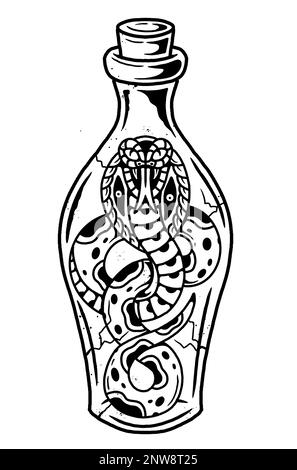 Eine Schlange im klassischen Tattoo-Stil mit coolem Grafikdesign und einer schwarzen Umrandung in der Flasche Stockfoto