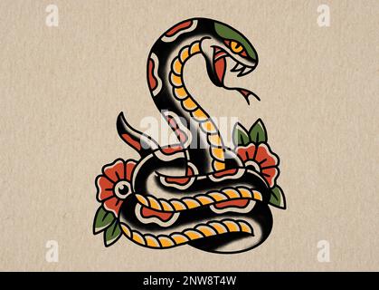 Eine Schlange im klassischen Tattoo-Stil mit coolem Grafikdesign auf altem Papierhintergrund in Farbe Stockfoto