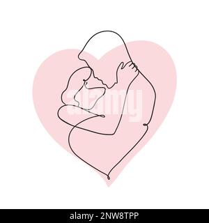 Frau und Mann zeichnen ein Gesicht mit durchgehender Linie. Rosafarbenes Herz. Ein Paar küsst sich mit fortgesetzter Linie. Stock Vector hintergründiges Design. Stock Vektor