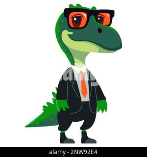 Grüner Dinosaurier in Business-Anzug und Brille. Darstellung von Vektoren mit flachen Zeichen. Stock Vektor