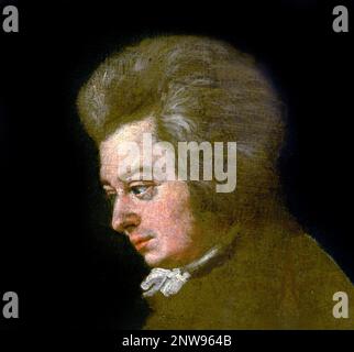 Mozart. Porträt von Wolfgang Amadeus Mozart (1756–1791) in Mozarts Geburtshaus, unvollendetes Gemälde von Joseph lange, um 1782–1789. Dieses Gemälde wird von Historikern als das genaueste überlieferte Gleichnis des Komponisten angesehen. Stockfoto
