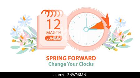 Spring Nach Vorne. Die Sommerzeit beginnt mit dem Konzeptbanner im Vintage-Stil. Bannererinnerung mit Datum vom 12. märz 2023 für Kanada und die USA Stock Vektor