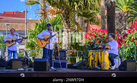 Die kubanische Band Mojito con Morena spielt während des Festivals La Noche en Blanco in La Laguna ihre unverwechselbare Musik auf der Plaza Doctor Olivera. Stockfoto