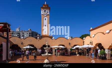 The main patio of the historic Mercado De Nuestra Senora De Africa in Santa Cruz de Tenerife, with its Mudejar style clock tower and design features. Stock Photo