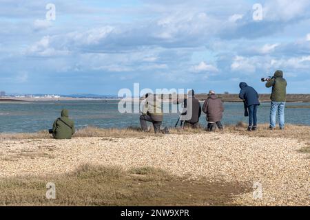 Vogelbeobachter und Naturfotografen, die Kameras mit langen Teleobjektiven im RSPB Pagham Harbour Nature Reserve, West Sussex, England, Großbritannien, verwenden Stockfoto