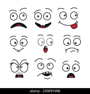 Zeichentrickaugen, isoliert auf weißem Hintergrund. Comic-Augen mit verschiedenen Gesichtsausdrücken. Eine Vielzahl von Ausdrücken mit Wut, Traurigkeit, Überraschungen Stock Vektor