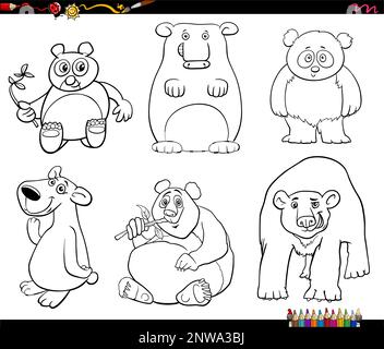 Schwarz-weißer Cartoon humorvolle Illustration von lustigen Bären Tierfiguren Set Ausmalseite Stock Vektor
