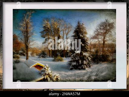 GERAHMTE MODERNE KUNST: „Winter im Isartal“ (Oberbayern), geeignet für Grußkarten im ISO-Format A5 von Edmund Nagele FRPS Stockfoto