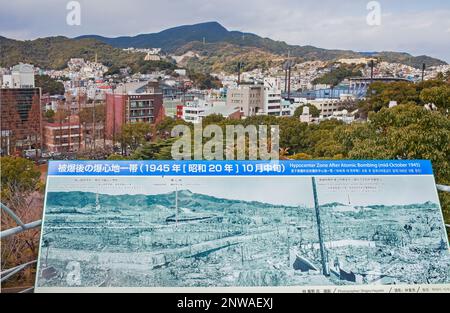 Ansicht des Hypozentrums Zone jetzt und das Foto nach der Atombombe, Atombombe Museum, Nagasaki, Japan. Stockfoto