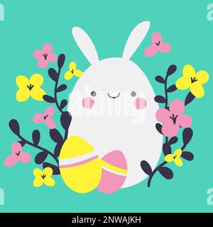 Niedlicher Osterhase mit Ostereiern und Blumen Vektorbild für Poster, soziales Banner oder Grußkarte. Frohe Osterfeier. Stock Vektor