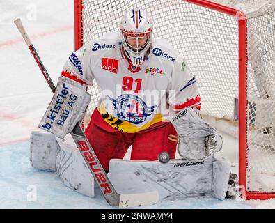 Lausanne Schweiz, 02/28/2023: Robin Mayer (Torwart) von SCRJ Lakers (91) ist während des 50. Spiels der regulären Saison der Schweizerischen Nationalliga 2022-2023 in Aktion. Der 50. Tag der regulären Saison zwischen Lausanne HC und den SCRJ Lakers von Rapperswil-Jona und St. Gallen fand in der Vaudoise Arena in Lausanne statt. (Crédit : Eric Dubost/Alamy Live News). Stockfoto