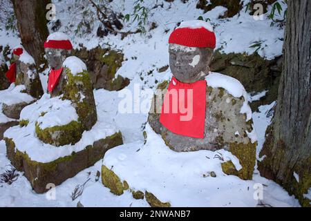 Narabijizo, Bakejizo, Jizo Steinstatuen, buddhistische Wächtergottheiten in Kanmangafuchi Abgrund, Nikko, Japan Stockfoto