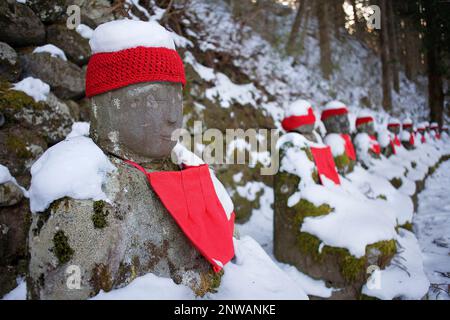 Narabijizo, Bakejizo, Jizo Steinstatuen, buddhistische Wächtergottheiten in Kanmangafuchi Abgrund, Nikko, Japan Stockfoto