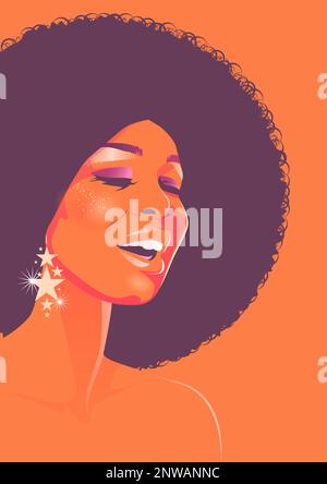 Wunderschöne Sängerin mit Afro-Style lockigem Haar, sauren Farben. Psychedelisches Make-up. Postermusik Soul, Funk oder Disco im Stil 60s oder 70s Stock Vektor