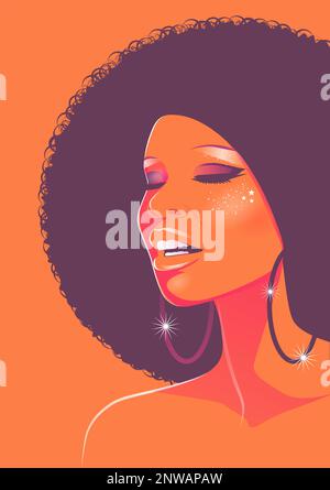 Wunderschöne Sängerin mit Afro-Style lockigem Haar, sauren Farben. Psychedelisches Make-up. Postermusik Soul, Funk oder Disco im Stil 60s oder 70s Stock Vektor