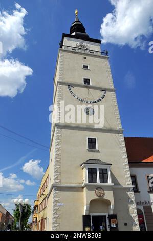Stadtturm, Mestská veža, Trnava, Slowakei. Várostorony, Nagyszombat, Szlovákia. Stockfoto
