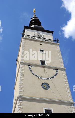 Stadtturm, Mestská veža, Trnava, Slowakei. Várostorony, Nagyszombat, Szlovákia. Stockfoto