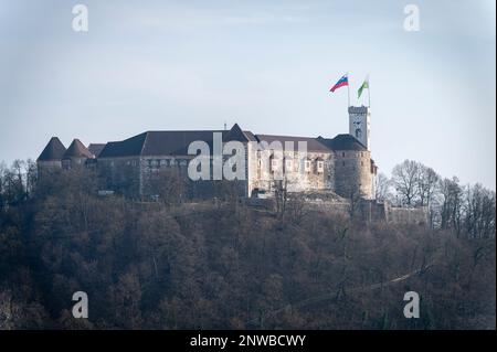 Schloss Ljubljana, Blick von Nebotičnik, Ljubljana, Slowenien Stockfoto