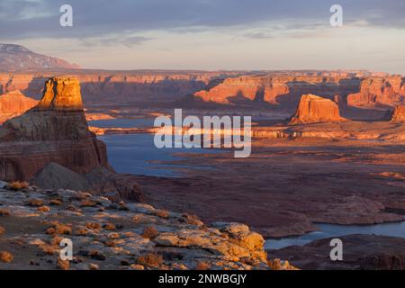 Der Wasserstand im Lake Powell, dem zweitgrößten Reservoir der USA, ist aufgrund der extremen Dürre im amerikanischen Südwesten auf einen historischen Tiefstand gefallen. Stockfoto