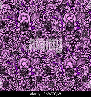 Nahtloses schwarzes Grafikmuster auf violettem Hintergrund, orientalische Motive, Textur, Design Stockfoto