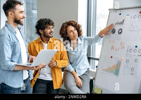 Zusammenarbeit, Teamarbeit. Erfolgreiche, motivierte, multiethnische Kollegen, stehen in der Nähe von Markierungsbrettern im Büro, entwickeln von Neugründungen, Planen von Strategien, Überdenken von Ideen, Risikoanalyse, Kommunizieren Stockfoto