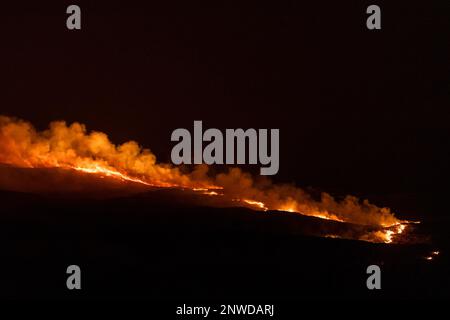 Goleen, West Cork, Irland. 28. Februar 2023. Ein Riesenfeuer brennt heute Abend außer Kontrolle auf einem Berg über Goleen in West Cork. Ab morgen ist es illegal, Vegetation bis zum 1. September zu verbrennen. Das Verbrennen der Vegetation wird durch die Wildlife Acts kontrolliert. Kredit: AG News/Alamy Live News Stockfoto