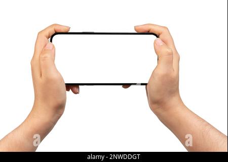 Nahaufnahme des Smartphones in der Hand mit isoliertem sauberen Bildschirm Stockfoto